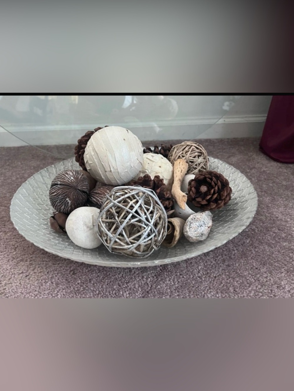 Decorative Natural Accent Bowl with Neutral Decorative Spheres